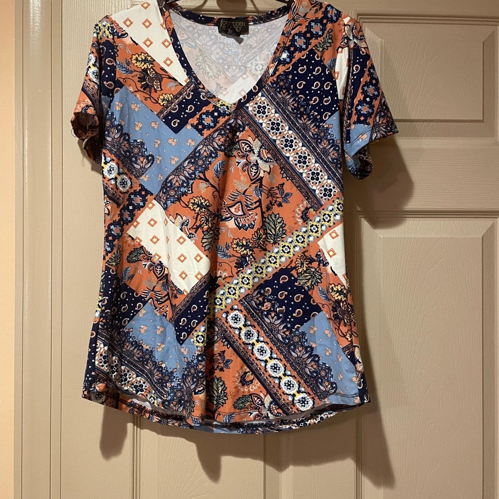 Forbidden Society Patchwork‎ V-Neck Women's Top, Size Medium